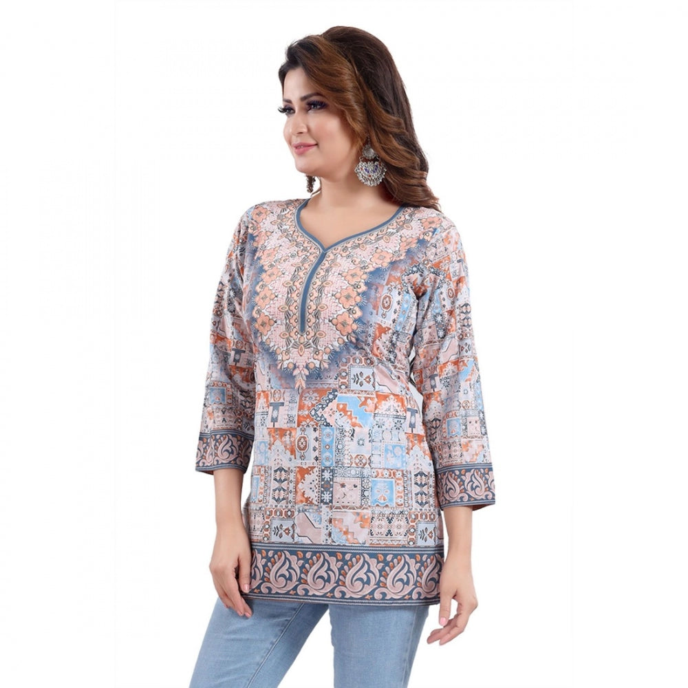 Indoraa Women's Quarter Sleeve Faux Crepe Printed Short Kurti Tunic Top (Color:Blue)