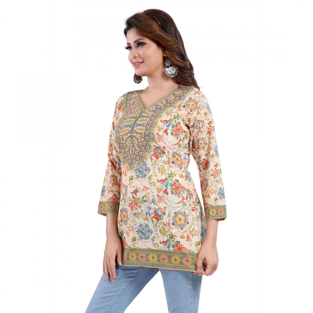 Indoraa Women's Quarter Sleeve Faux Crepe Printed Short Kurti Tunic Top (Color:Multicolor)
