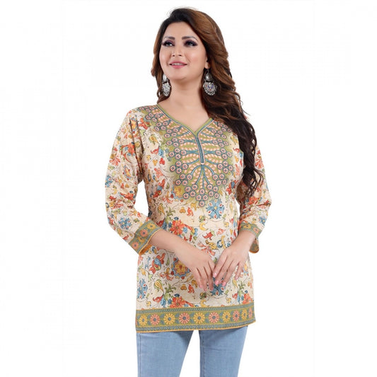 Indoraa Women's Quarter Sleeve Faux Crepe Printed Short Kurti Tunic Top (Color:Multicolor)
