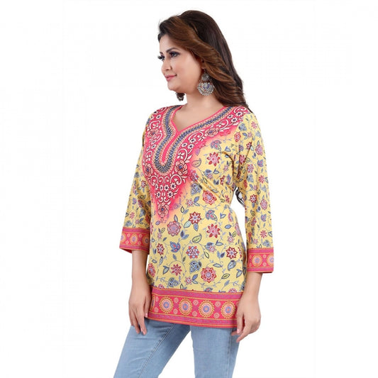 Indoraa Women's Quarter Sleeve Faux Crepe Printed Short Kurti Tunic Top (Color:Yellow)