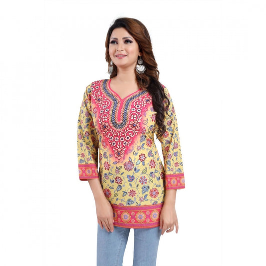 Indoraa Women's Quarter Sleeve Faux Crepe Printed Short Kurti Tunic Top (Color:Yellow)