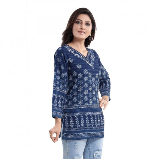 Indoraa Women's Quarter Sleeve Faux Crepe Printed Short Kurti Tunic Top (Color:Blue)