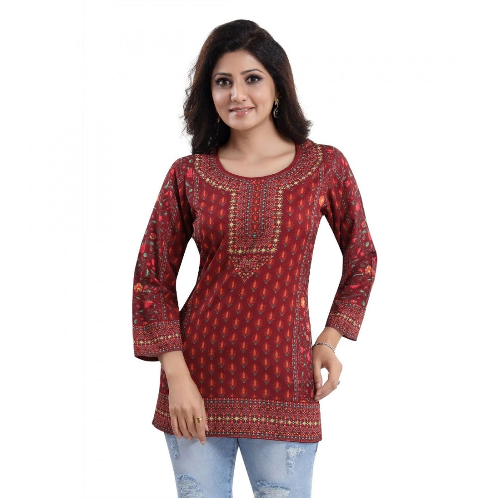 Indoraa Women's Quarter Sleeve Faux Crepe Printed Short Kurti Tunic Top (Color:Red)