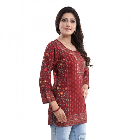 Indoraa Women's Quarter Sleeve Faux Crepe Printed Short Kurti Tunic Top (Color:Red)