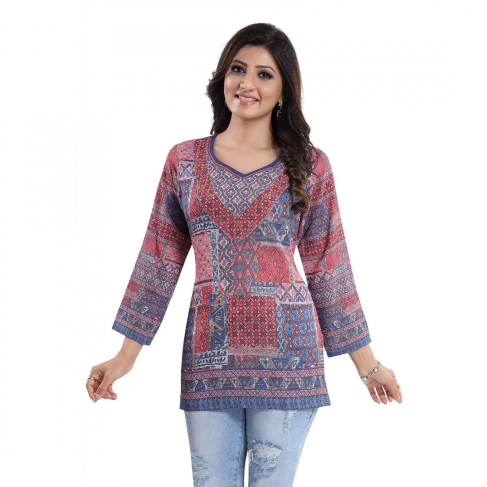 Indoraa Women's Quarter Sleeve Faux Crepe Printed Short Kurti Tunic Top (Color:Multicolor)