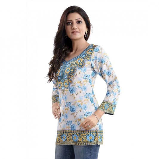 Indoraa Women's Quarter Sleeve Faux Crepe Printed Short Kurti Tunic Top (Color:White)