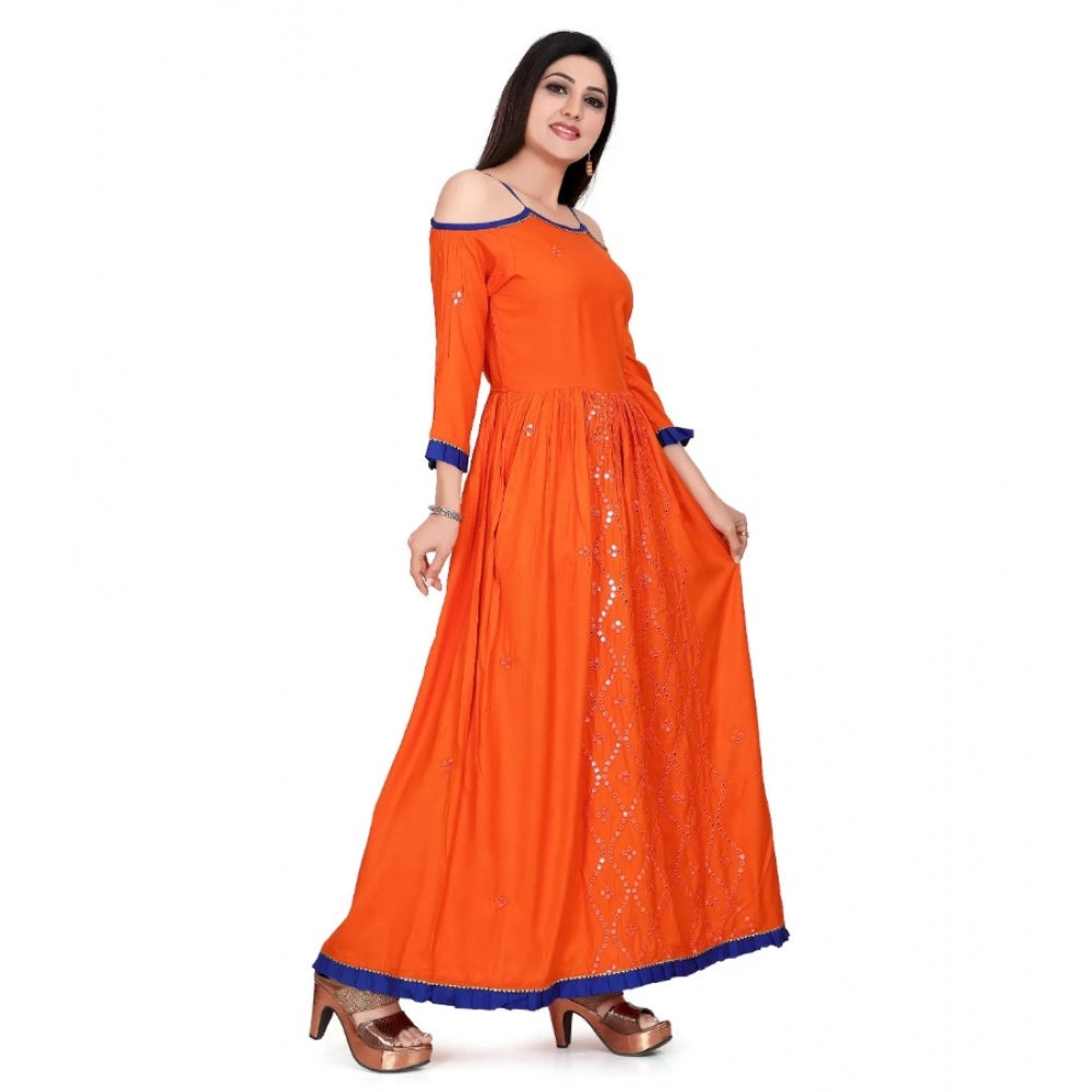 Indoraa Women's Rayon Cotton Orange Embroidered Long Kurti