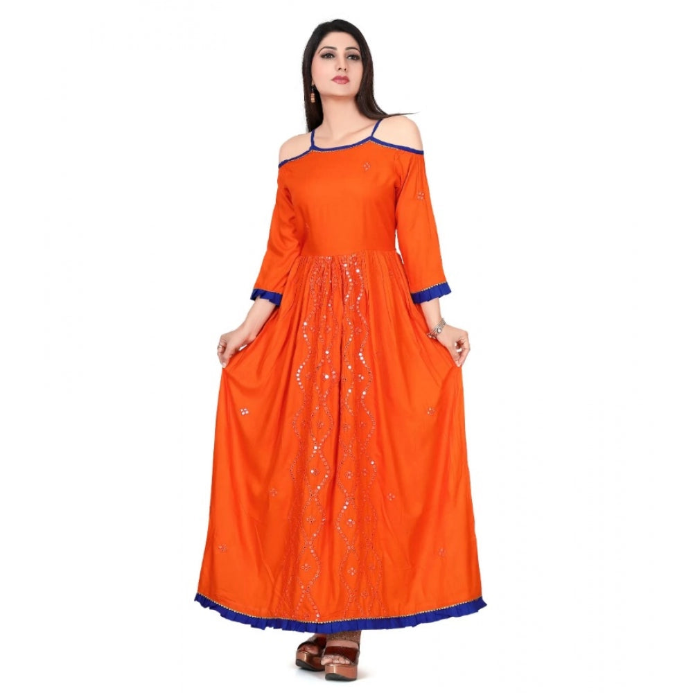 Indoraa Women's Rayon Cotton Orange Embroidered Long Kurti