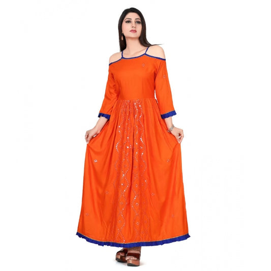 Indoraa Women's Rayon Cotton Orange Embroidered Long Kurti