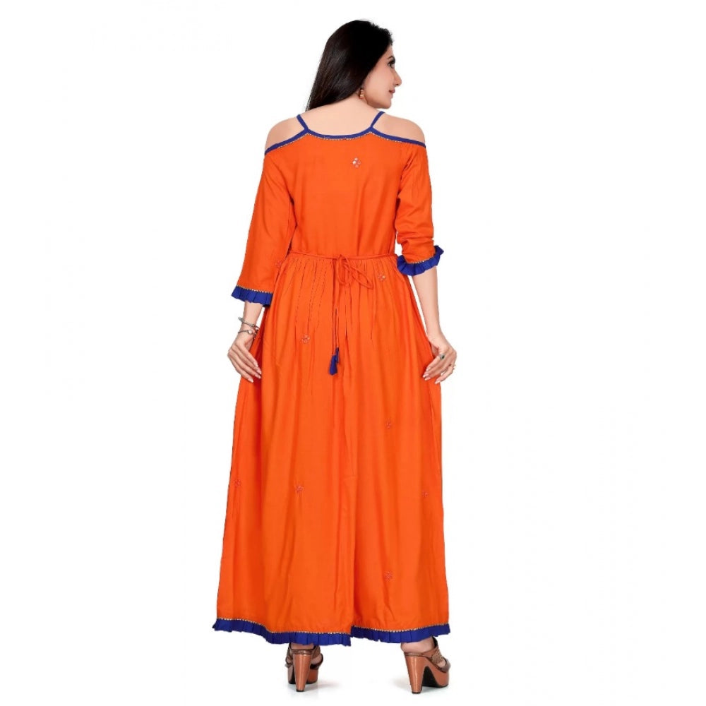 Indoraa Women's Rayon Cotton Orange Embroidered Long Kurti
