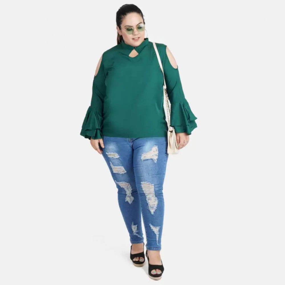 Indoraa Women's Casual Bell Sleeve Solid Green Top (Color:Green, Material:Crepe)