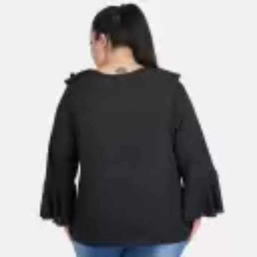 Indoraa Women's Casual Bell Sleeve Solid Black Top (Color:Black, Material:Georgette)