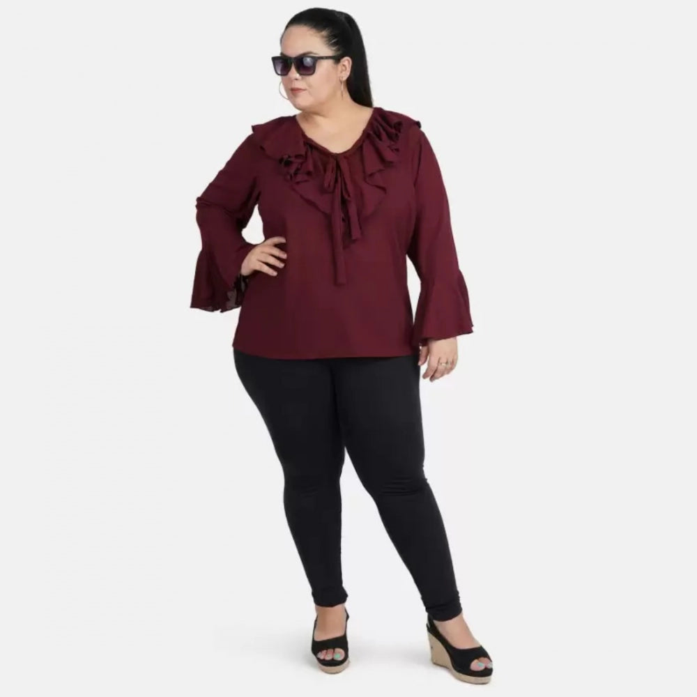 Indoraa Women's Casual Bell Sleeve Solid Maroon Top (Color:Maroon, Material:Georgette)