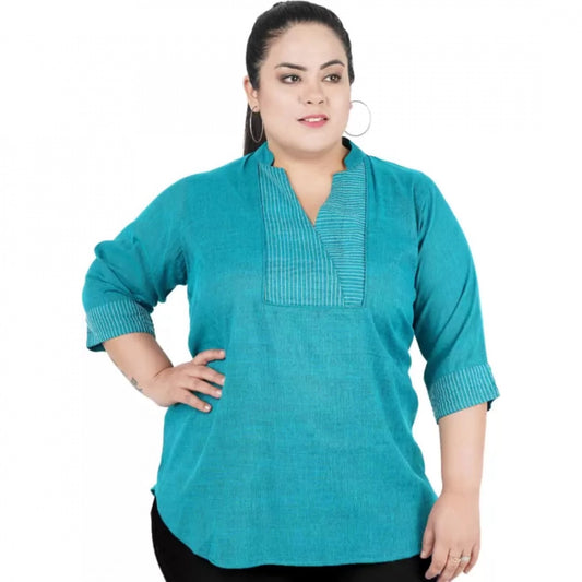 Indoraa Women's Casual Three Fourth Sleeve Embroidered Light Green Top (Color:Light Blue, Material:Cotton Linen Blend)