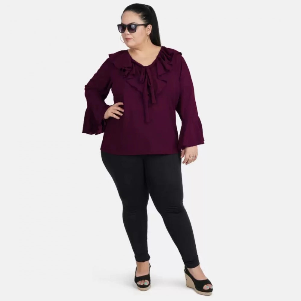 Indoraa Women's Casual Bell Sleeve Solid Purple Top (Color:Purple, Material:Georgette)