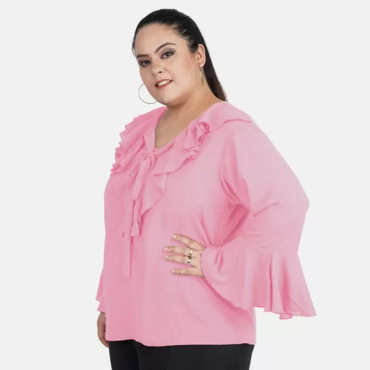 Indoraa Women's Casual Bell Sleeve Solid Pink Top (Color:Pink, Material:Georgette)