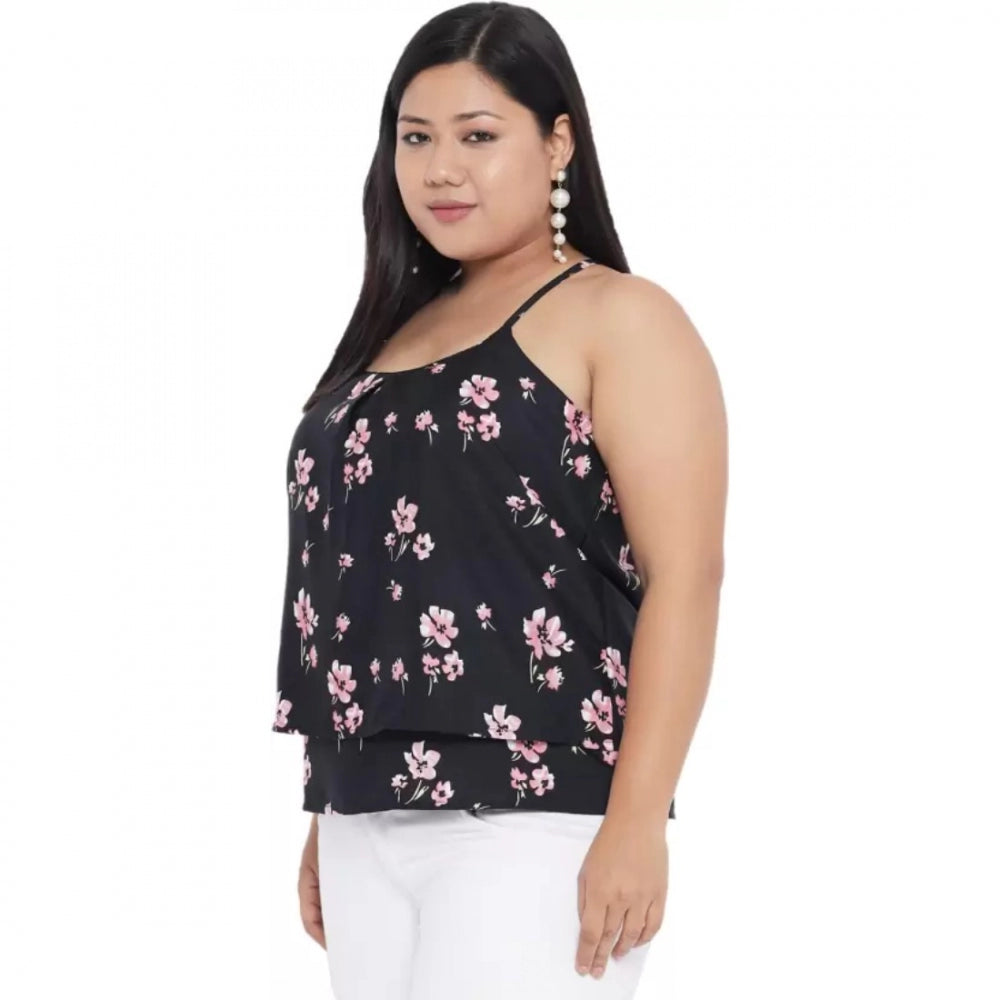 Indoraa Women's Casual Floral Print Black Top (Color:Black, Material:Polyester)