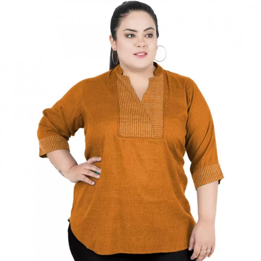 Indoraa Women's Casual Three Fourth Sleeve Embroidered Yellow Top (Color:Yellow, Material:Cotton Linen Blend)