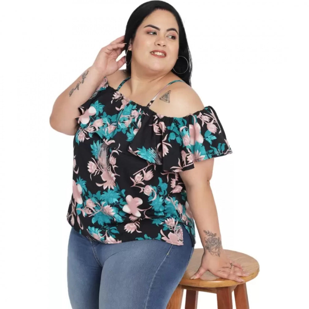 Indoraa Women's Casual Floral Print Black Top (Color:Black, Material:Polyester)