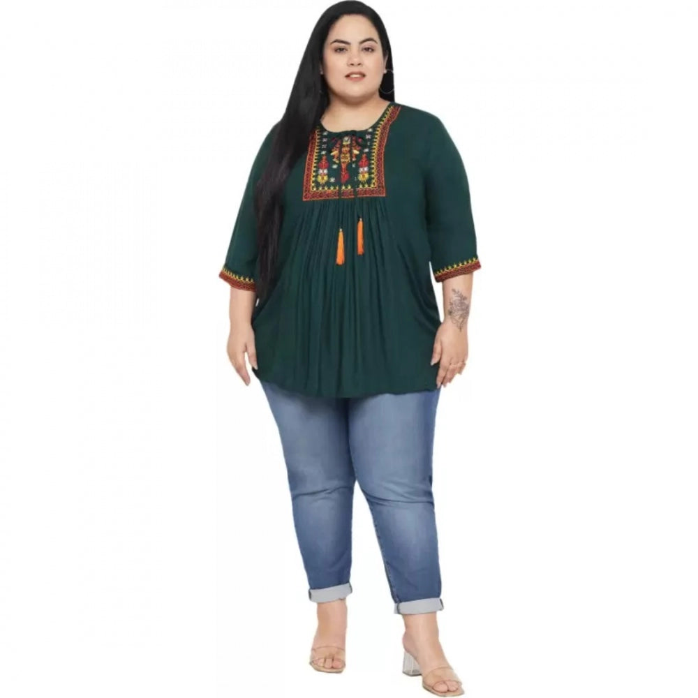 Indoraa Women's Casual Embroidered Dark Green Top (Color:Dark Green, Material:Rayon)