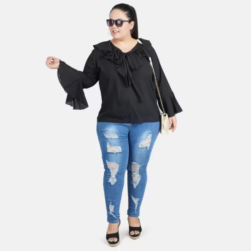 Indoraa Women's Casual Bell Sleeve Solid Black Top (Color:Black, Material:Georgette)
