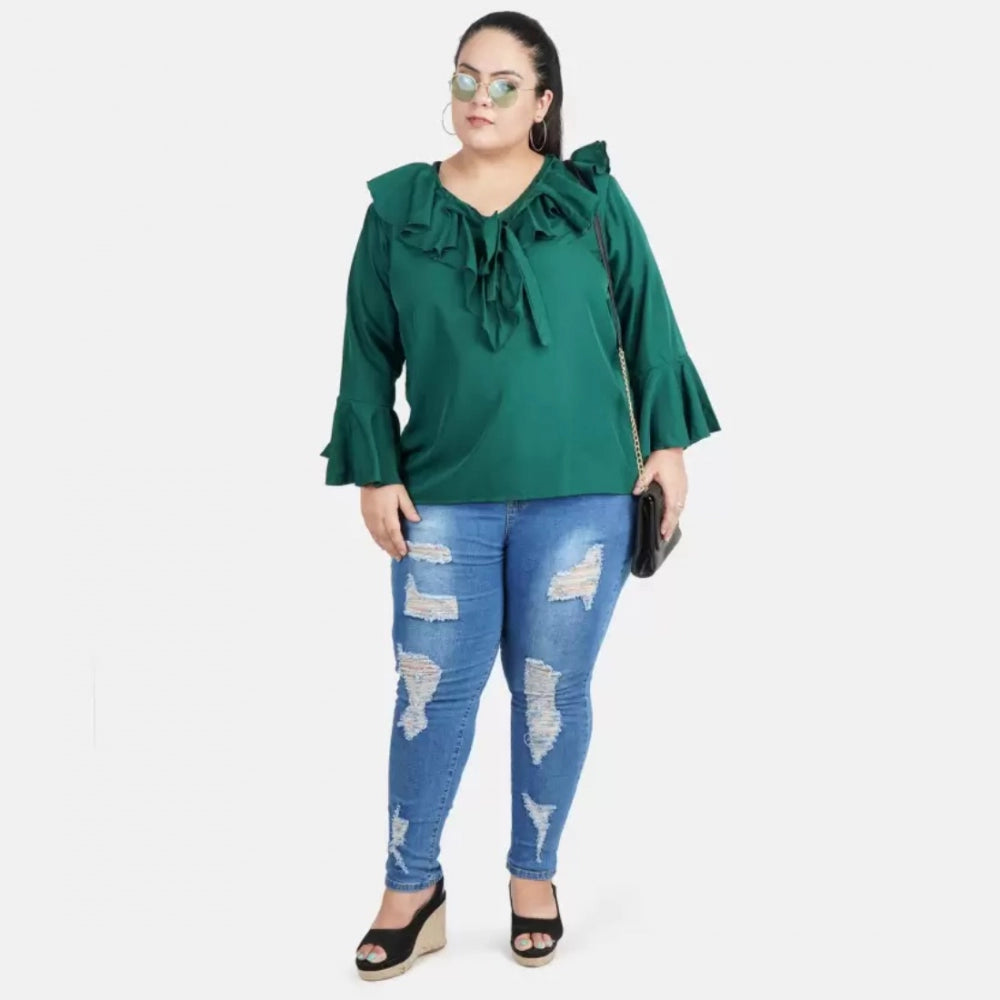Indoraa Women's Casual Bell Sleeve Solid Green Top (Color:Green, Material:Georgette)