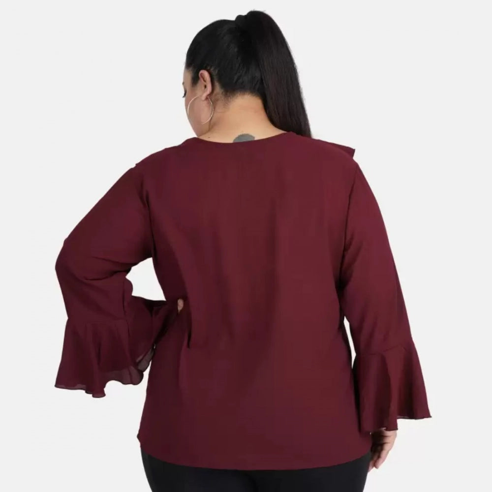 Indoraa Women's Casual Bell Sleeve Solid Maroon Top (Color:Maroon, Material:Georgette)