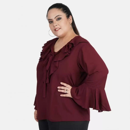 Indoraa Women's Casual Bell Sleeve Solid Maroon Top (Color:Maroon, Material:Georgette)