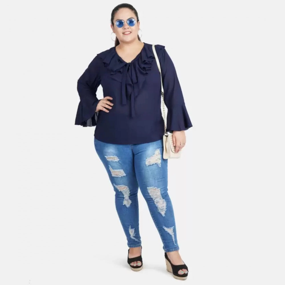 Indoraa Women's Casual Bell Sleeve Solid Blue Top (Color:Blue, Material:Georgette)