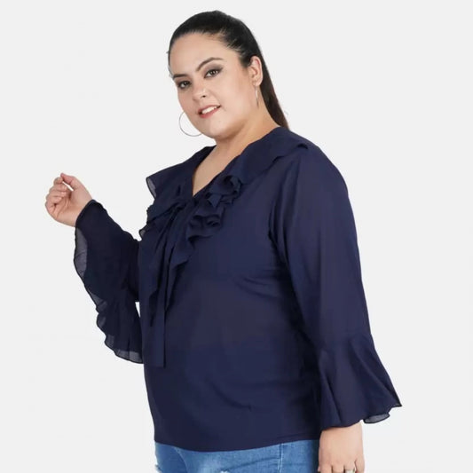 Indoraa Women's Casual Bell Sleeve Solid Blue Top (Color:Blue, Material:Georgette)