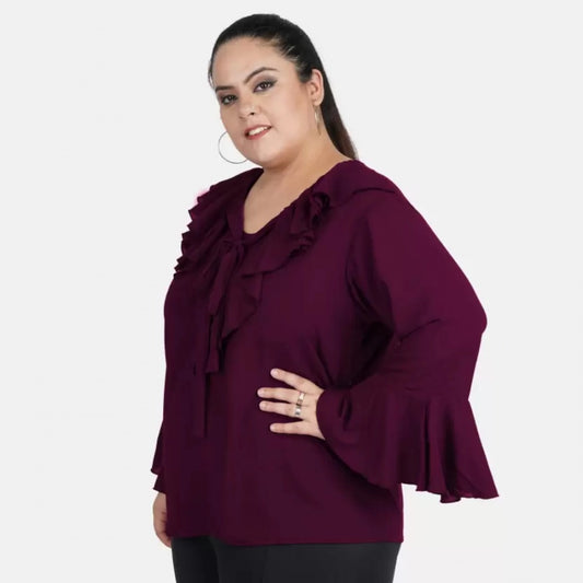 Indoraa Women's Casual Bell Sleeve Solid Purple Top (Color:Purple, Material:Georgette)