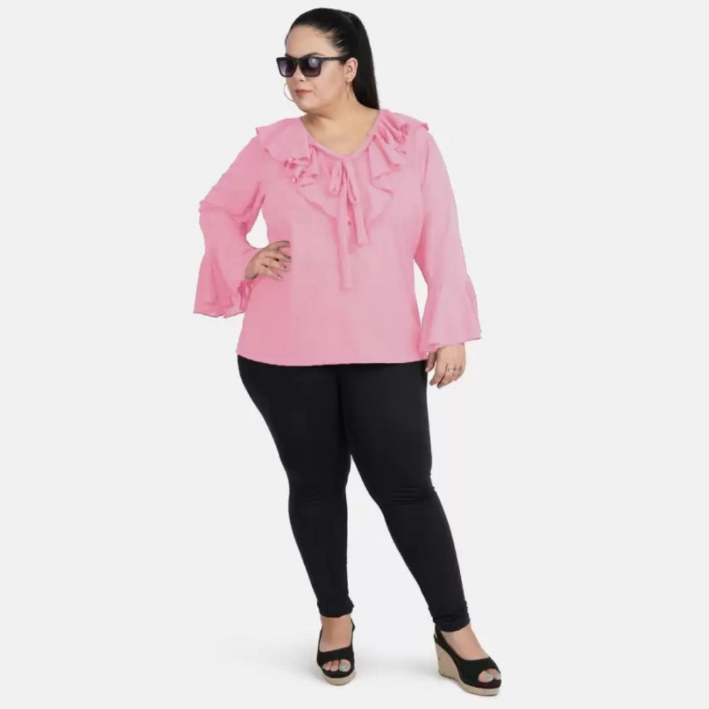 Indoraa Women's Casual Bell Sleeve Solid Pink Top (Color:Pink, Material:Georgette)
