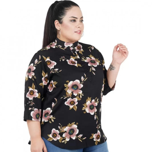 Indoraa Women's Casual Three Fourth Sleeve Printed Black Top (Color:Black, Material:Poly Crepe)