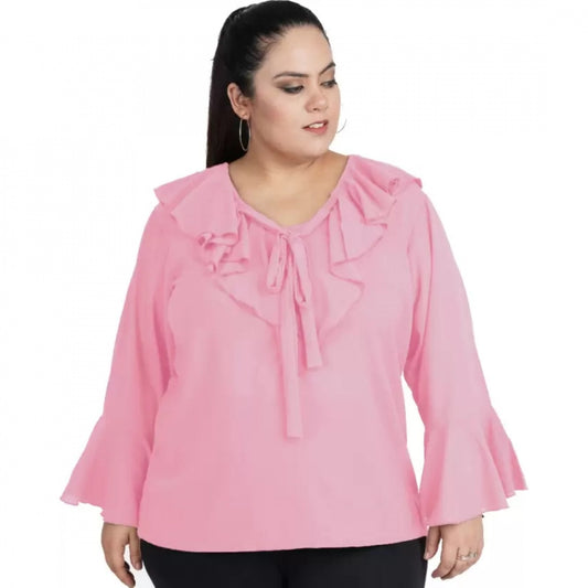 Indoraa Women's Casual Bell Sleeve Solid Pink Top (Color:Pink, Material:Georgette)