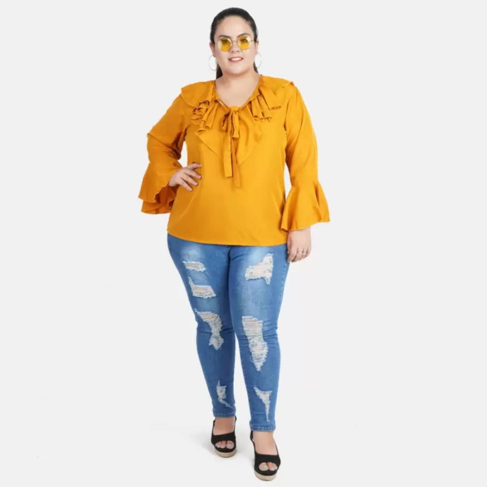 Indoraa Women's Casual Bell Sleeve Solid Yellow Top (Color:Yellow, Material:Georgette)
