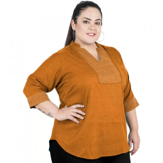 Indoraa Women's Casual Three Fourth Sleeve Embroidered Yellow Top (Color:Yellow, Material:Cotton Linen Blend)