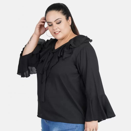 Indoraa Women's Casual Bell Sleeve Solid Black Top (Color:Black, Material:Georgette)
