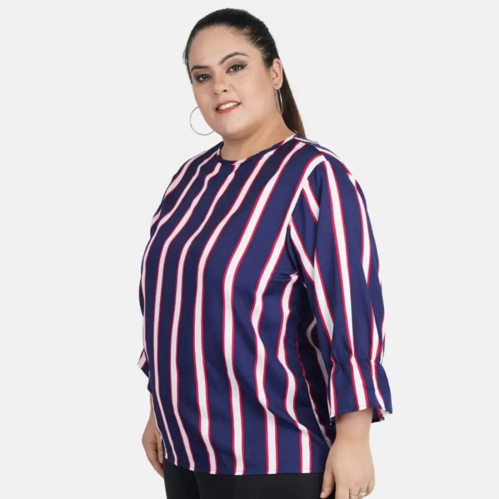 Indoraa Women's Casual Bell Sleeve Striped Blue Top (Color:Blue, Material:Crepe)