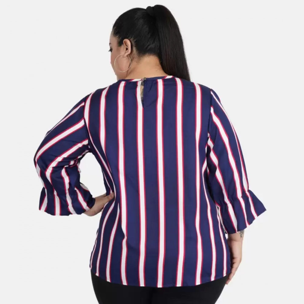 Indoraa Women's Casual Bell Sleeve Striped Blue Top (Color:Blue, Material:Crepe)