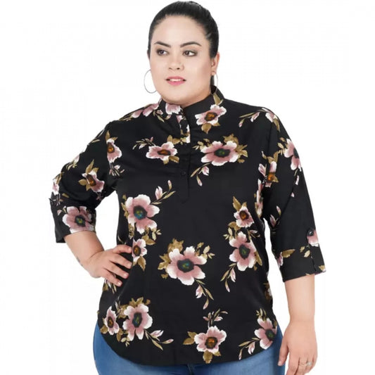 Indoraa Women's Casual Three Fourth Sleeve Printed Black Top (Color:Black, Material:Poly Crepe)