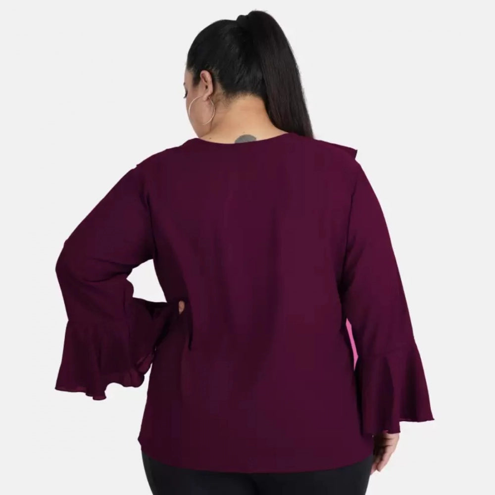 Indoraa Women's Casual Bell Sleeve Solid Purple Top (Color:Purple, Material:Georgette)