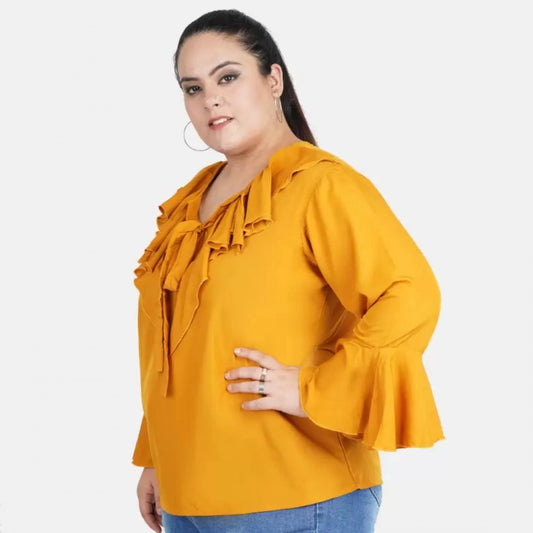 Indoraa Women's Casual Bell Sleeve Solid Yellow Top (Color:Yellow, Material:Georgette)