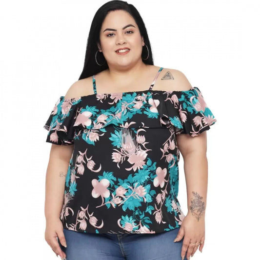 Indoraa Women's Casual Floral Print Black Top (Color:Black, Material:Polyester)