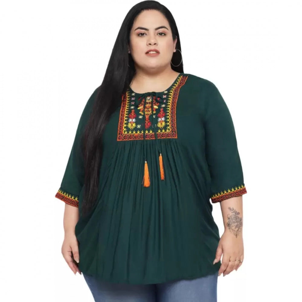 Indoraa Women's Casual Embroidered Dark Green Top (Color:Dark Green, Material:Rayon)