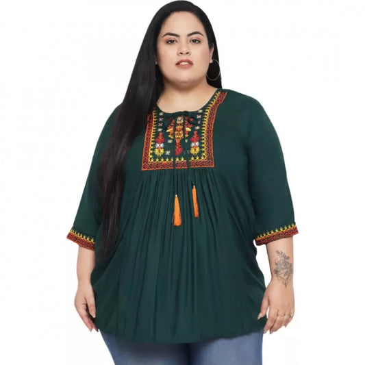 Indoraa Women's Casual Embroidered Dark Green Top (Color:Dark Green, Material:Rayon)