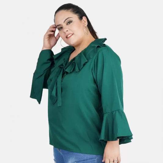 Indoraa Women's Casual Bell Sleeve Solid Green Top (Color:Green, Material:Georgette)