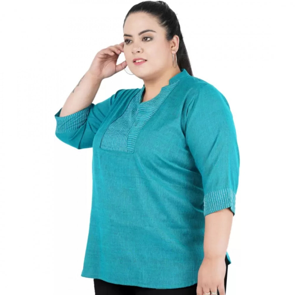 Indoraa Women's Casual Three Fourth Sleeve Embroidered Light Green Top (Color:Light Blue, Material:Cotton Linen Blend)