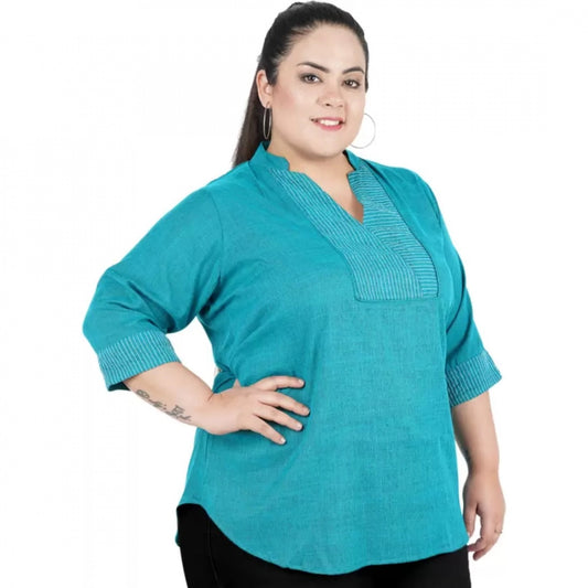 Indoraa Women's Casual Three Fourth Sleeve Embroidered Light Green Top (Color:Light Blue, Material:Cotton Linen Blend)