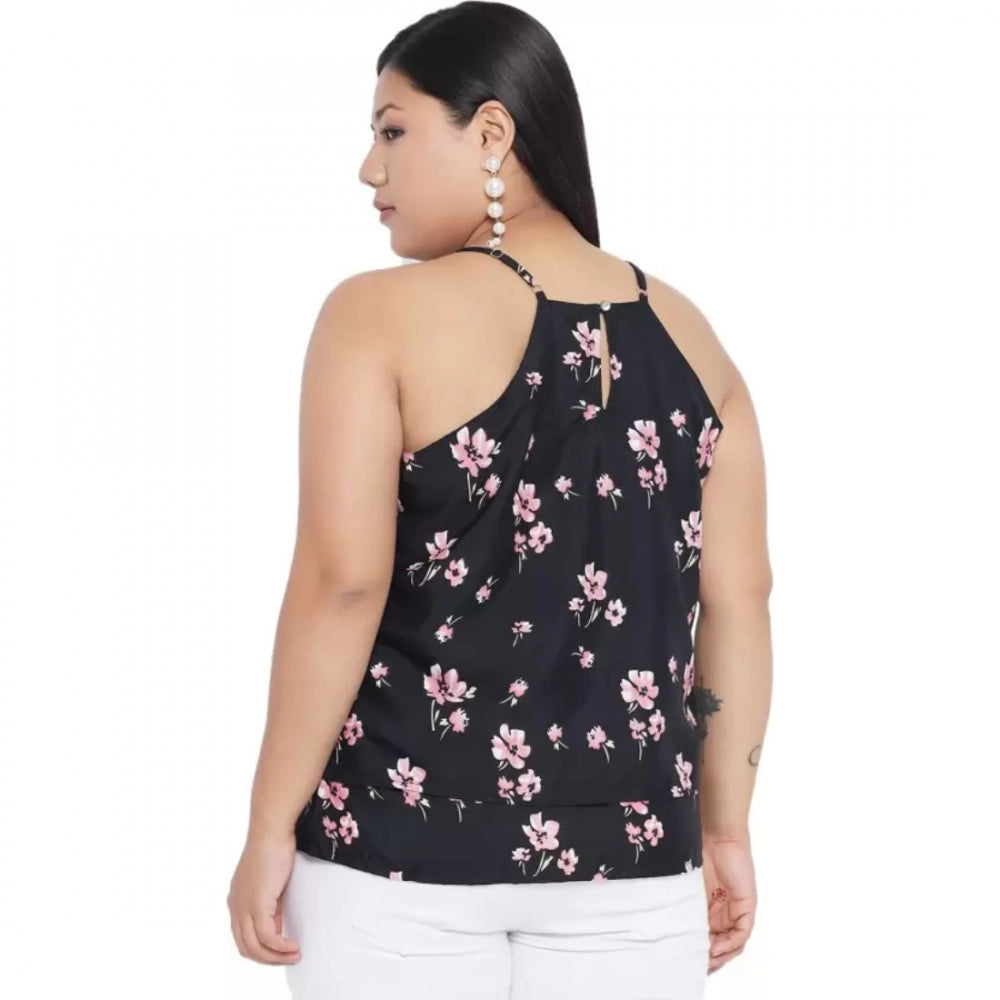 Indoraa Women's Casual Floral Print Black Top (Color:Black, Material:Polyester)
