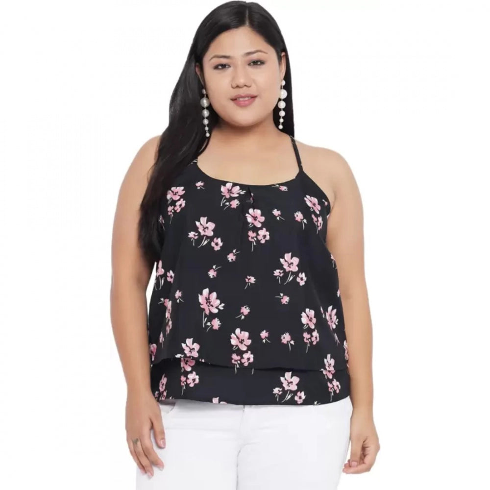 Indoraa Women's Casual Floral Print Black Top (Color:Black, Material:Polyester)